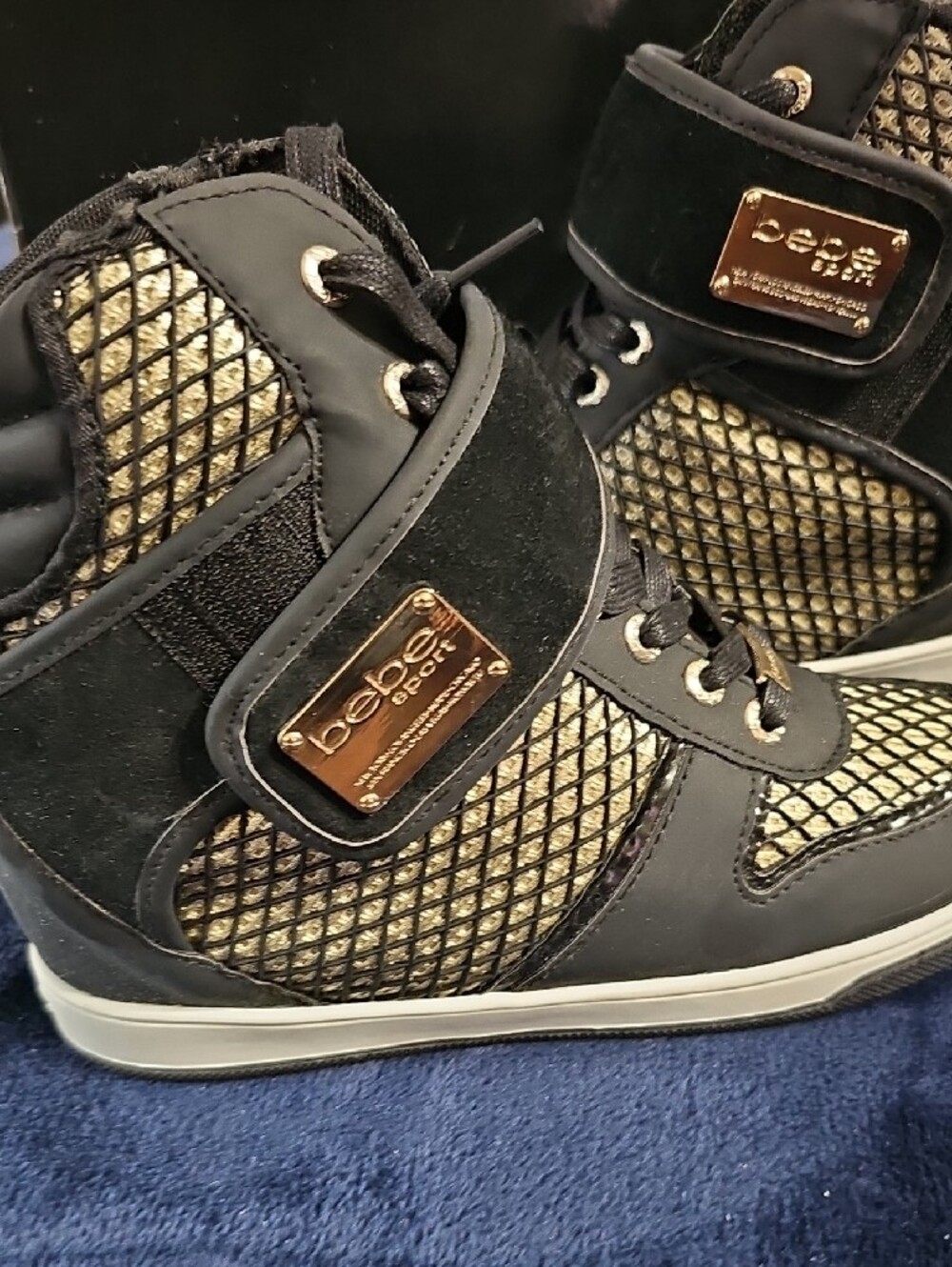 bebe Black and Gold High-Top Wedge Sneakers for Women Size 9 - Picture 5 of 12